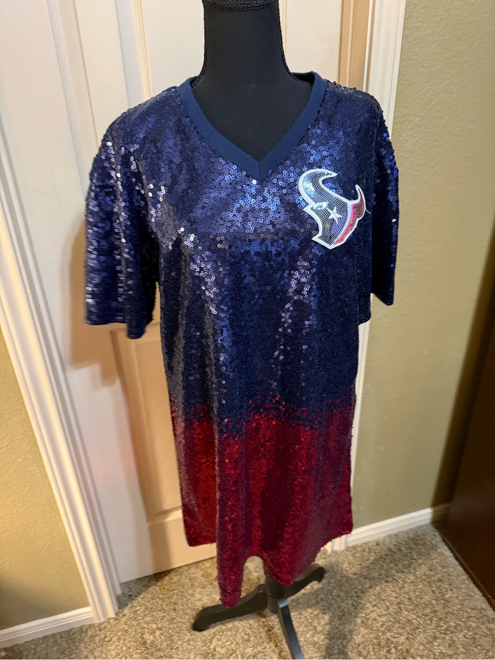 Sequin V-Neck Houston Texans Spirit Dress in Navy and Red